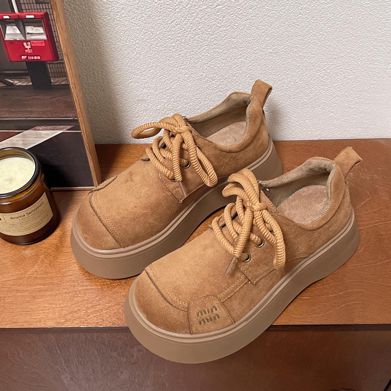 

Thick-soled small leather shoes lace-up loafers single shoes women s autumn and winter new models increase height casual retro versatile 40 хаки