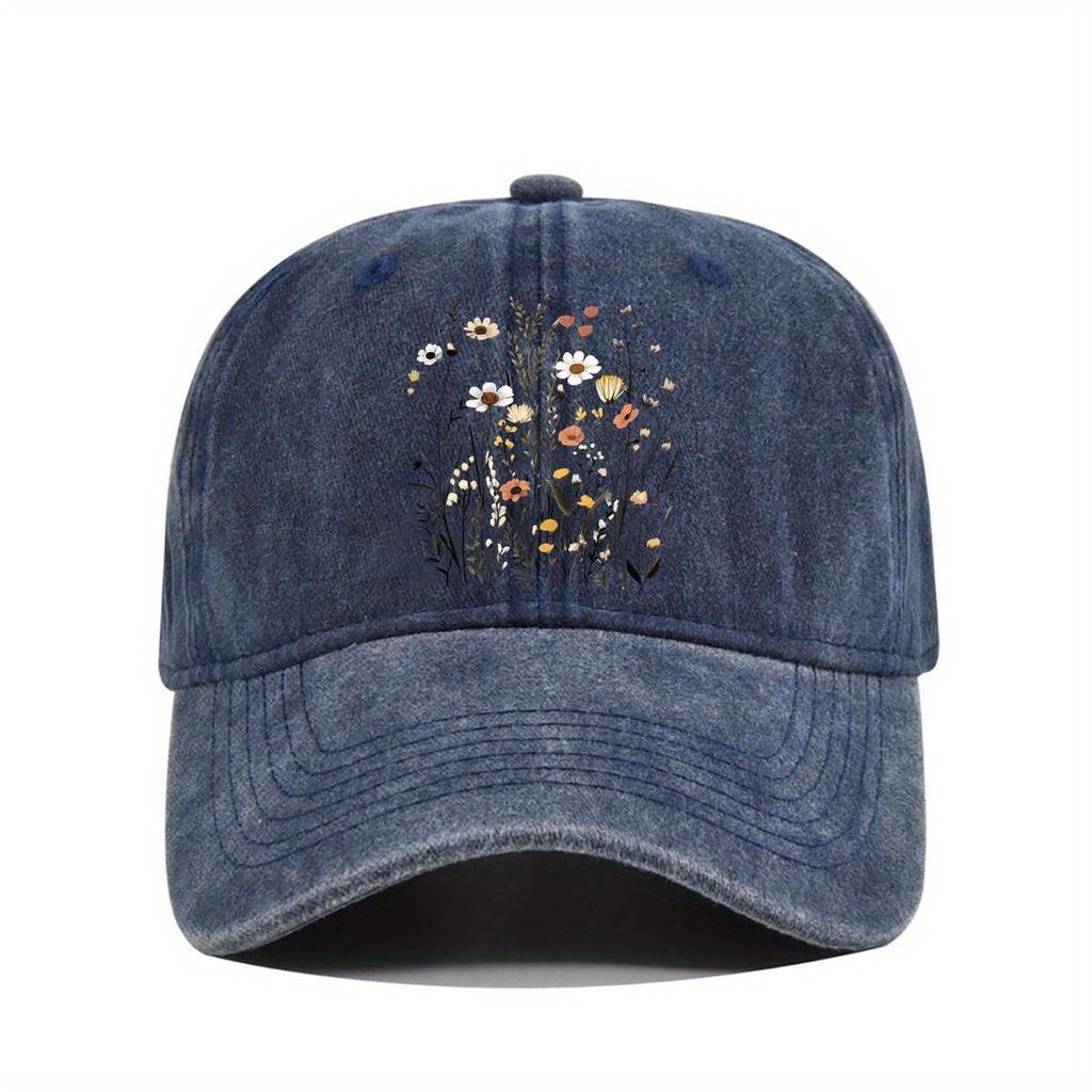Wildflower Bouquet Print Washed Denim Baseball Cap Vintage Adjustable Cotton Outdoor Casual Hat