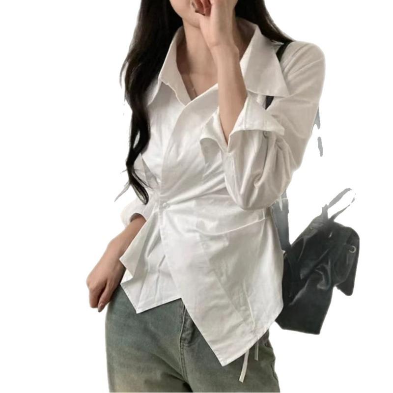 Neu Streifen Schmal Geschnitten Taille Unregelmäßig Hemd Mode Elegant Revers Lässig Büro Bluse Süß Koreanische Mode Langarm Oberteile Damen Einfache Kleidung