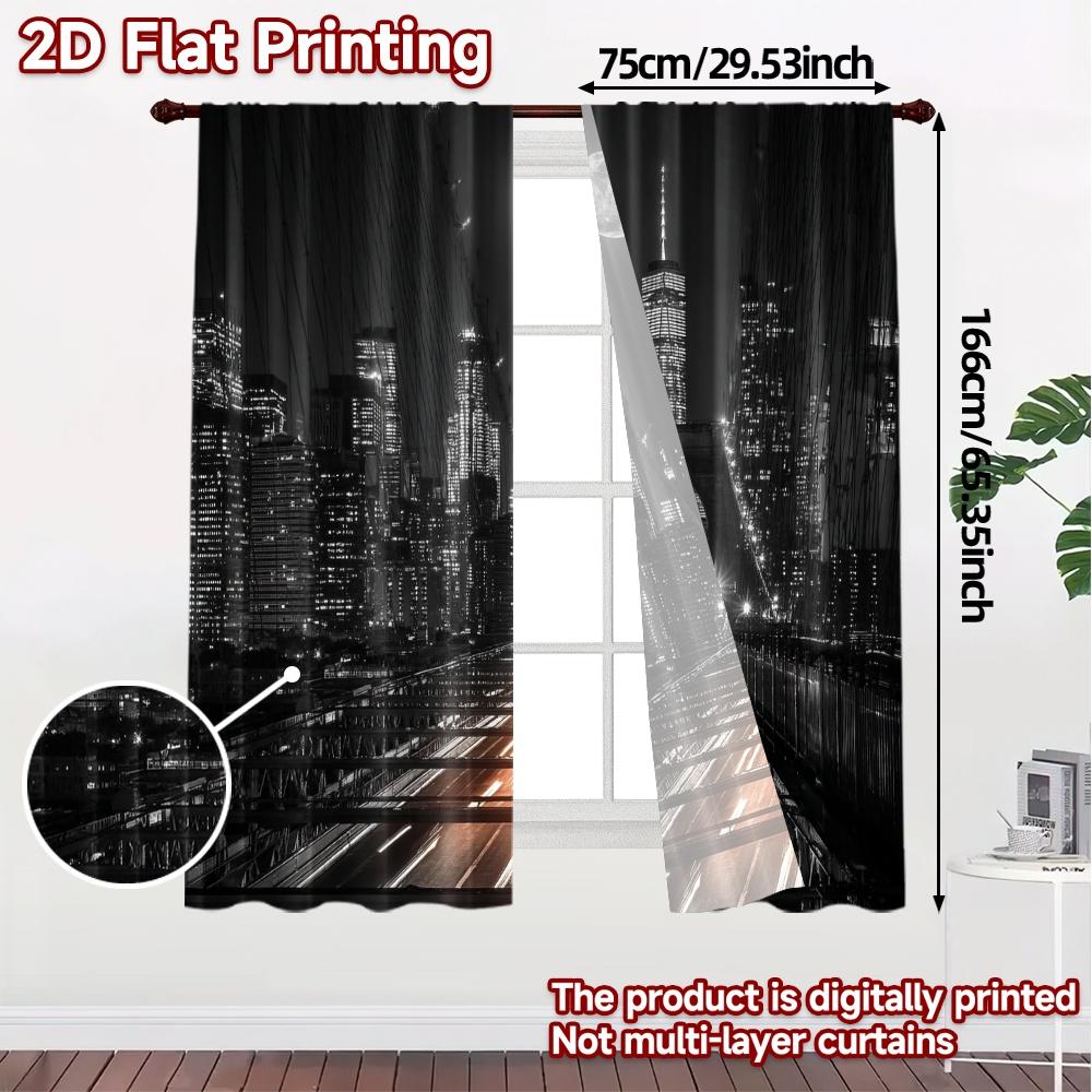 Set Of 2 Minimalist Flat Printing Curtains Without Rod Moonlit Skyline Popular Prints Curtain Semi Sheer Made Polyester