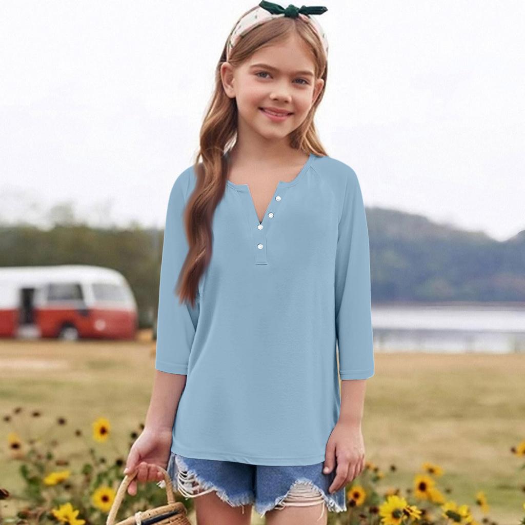 Print Tops For Youth Girls Round Neck 3/4 Sleeves T-Shirts Trendy Tops Outfit Tees