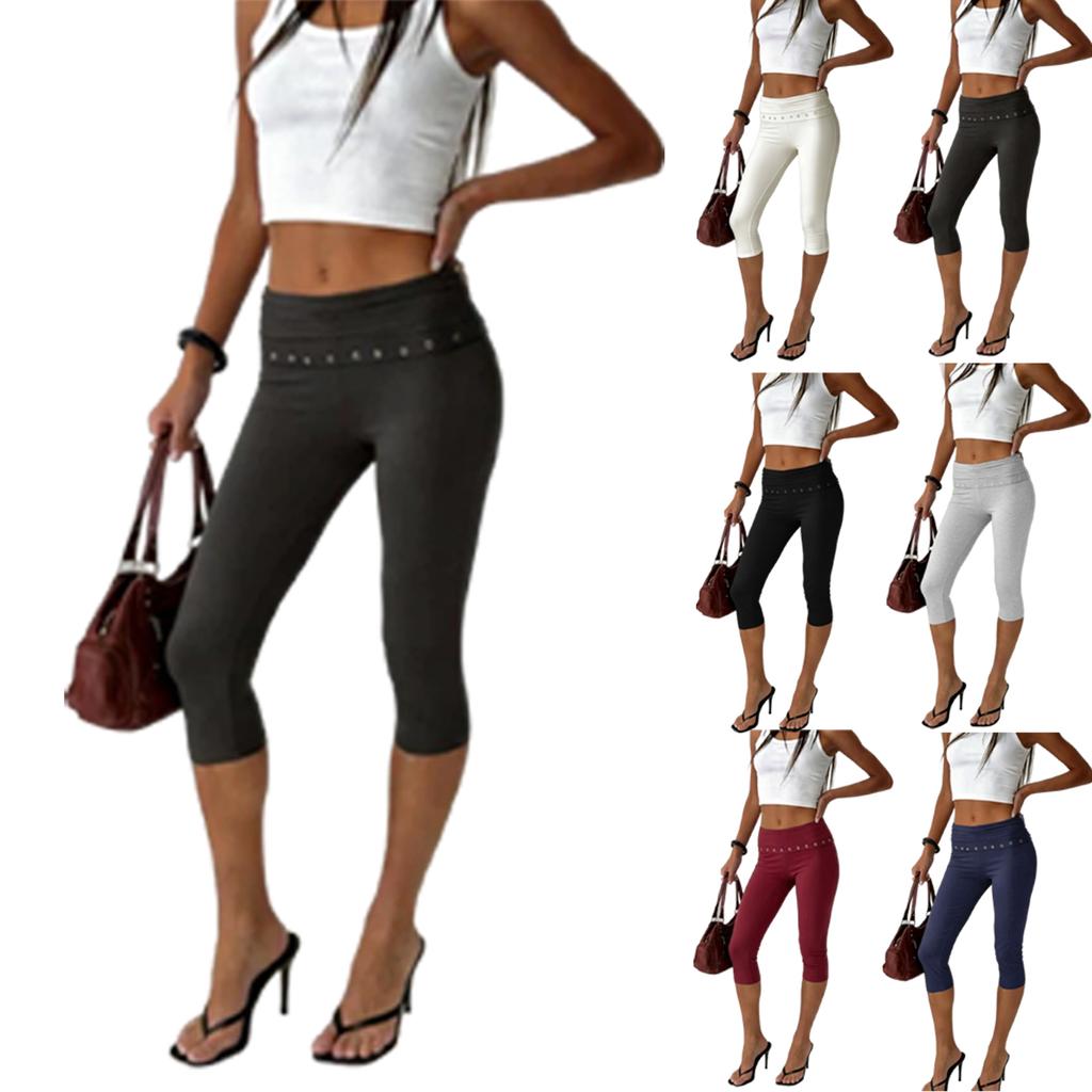 Solid Color Slim Fit Capri Leggings with Folded Hem Stretchy Mid-Rise Cropped Pants for Women