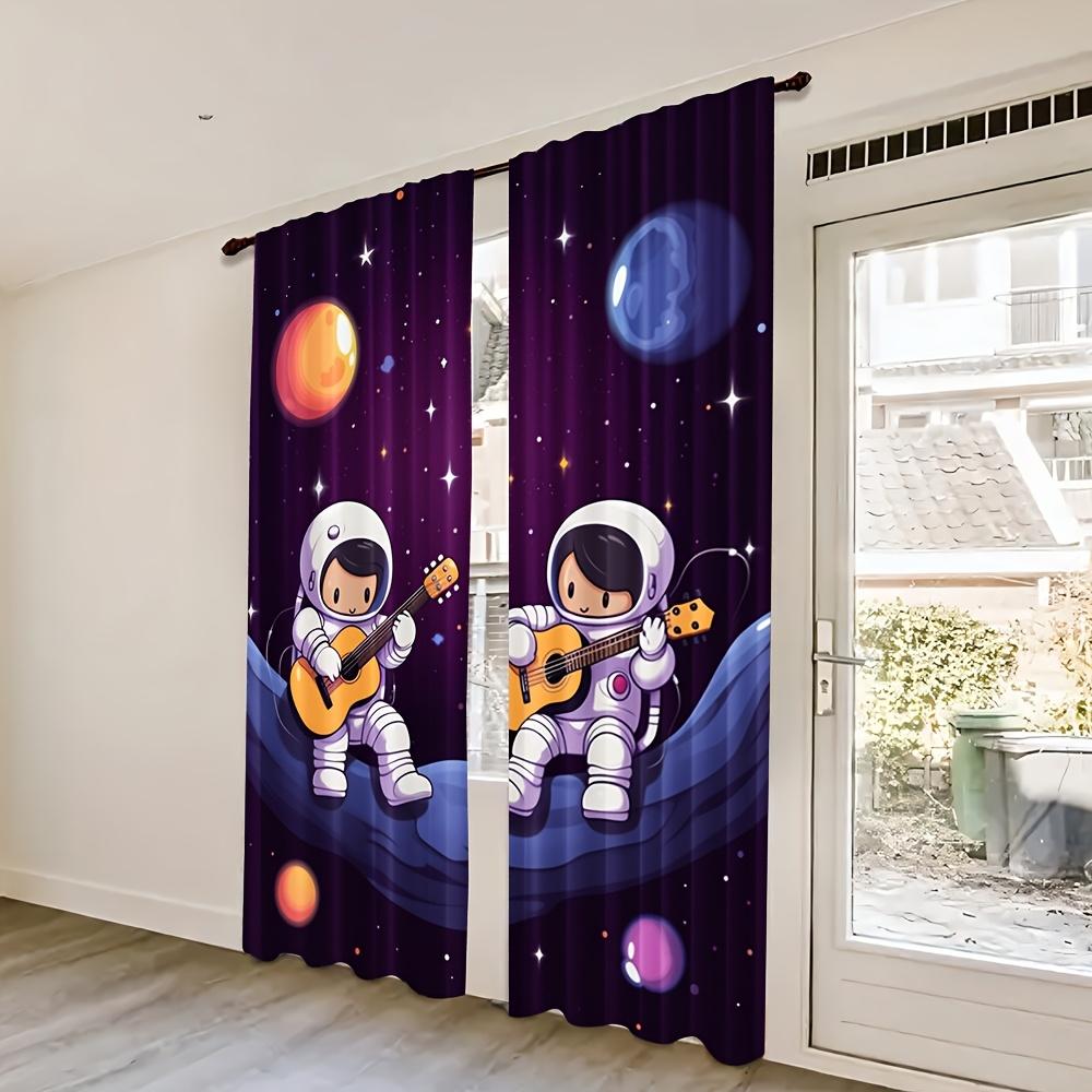 2pcs Astronaut Guitar Space Themed Polyester Curtains   Machine Washable   Contemporary Style   No Electricity or Battery Needed   I