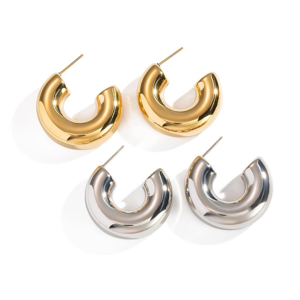 18K Gold Stainless Steel C-Shaped Hoop Earrings - Fashionable, Non-Fading, Versatile Women's Jewelry 