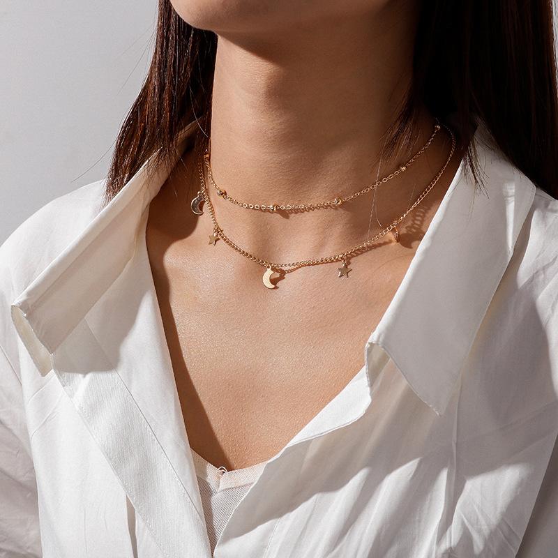 Einfache Doppelschicht-Choker-Halskette für Damen, modisch, kurze Anhänger, Mond, Stern, Schlüsselbein-Halskette, französischer Alltagsschmuck