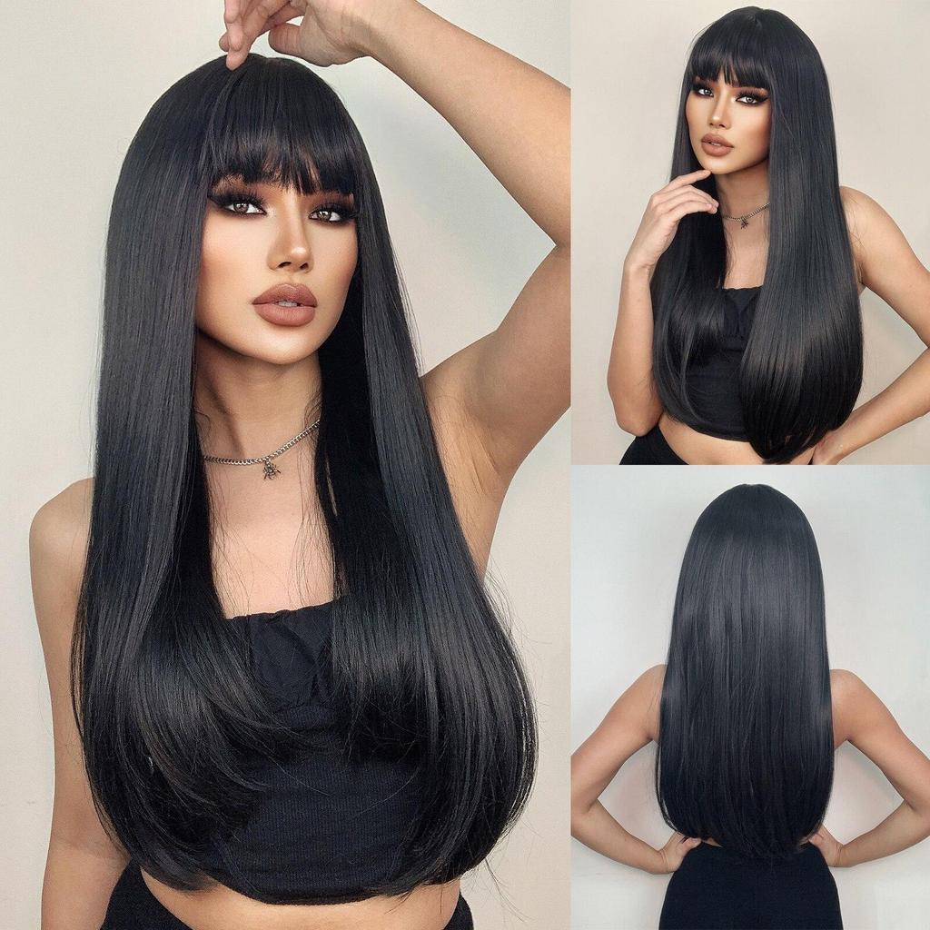 LOUIS FERRE Blonde Long Synthetic Wigs With Bangs Light Blonde Natural Straight Wig for Women Daily Cosplay Heat Resistant Hair