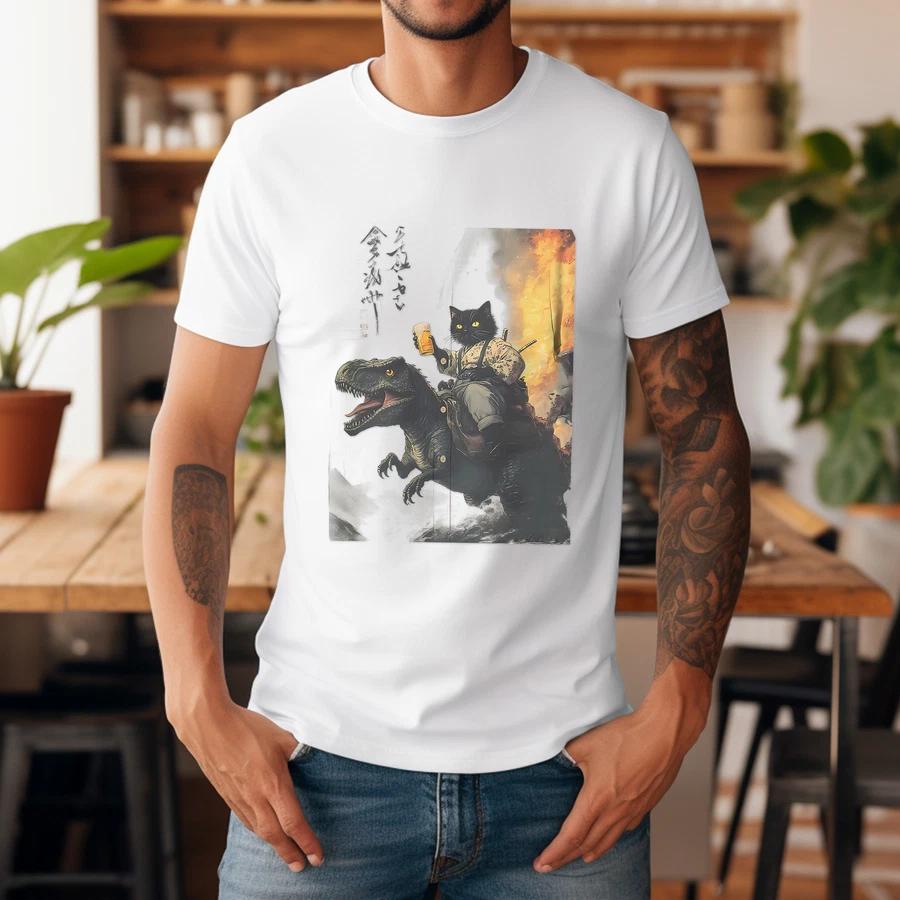 Black cat samurai dinosaur sea wave print T-Shirt 2XL