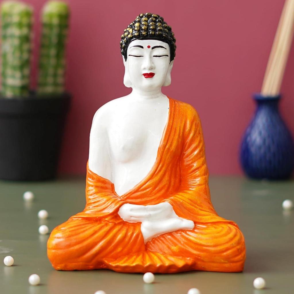 Orange White Resin Handcrafted Meditating Lord Buddha Statue for Living Room Home Decor Office |