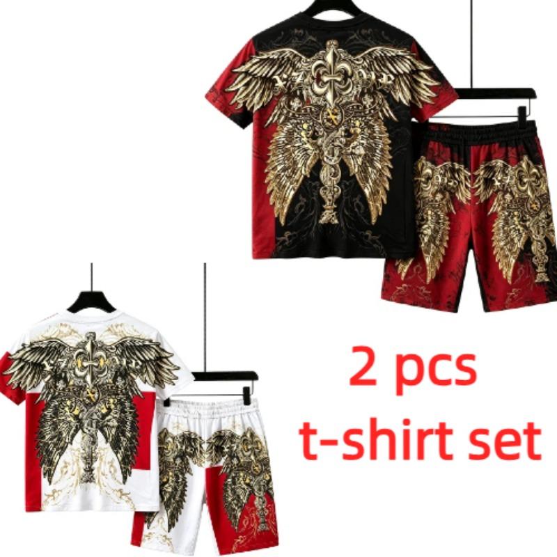European and American Street Men's Short Sleeved T-shirt Shorts Set 3D Angel Wings Skull Print Men's and Women's Loose Casual Sports Suit