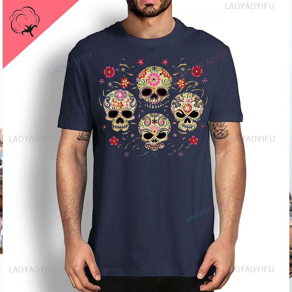 Day of Dead Floral Sugar Skulls Cotton Tee T Shirts Dia De Los Muertos Mens and Womens Graphic Tshirts Y2k Clothes Streetwear