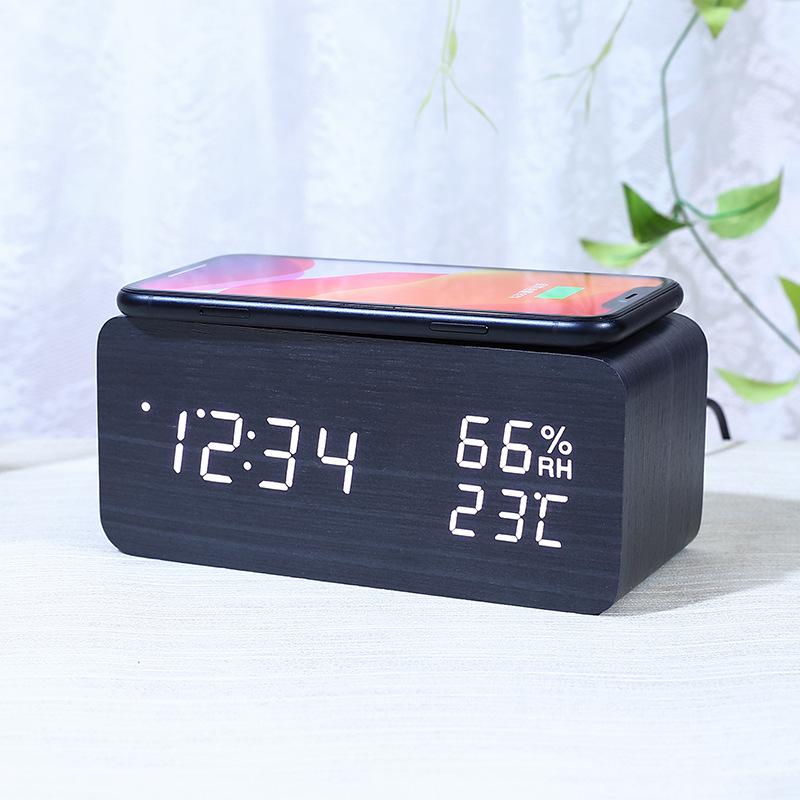 Smart Wireless Charging Clock Creative Electronic Wooden Clock Digital Wireless Fast Charging Temperature Alarm Clock