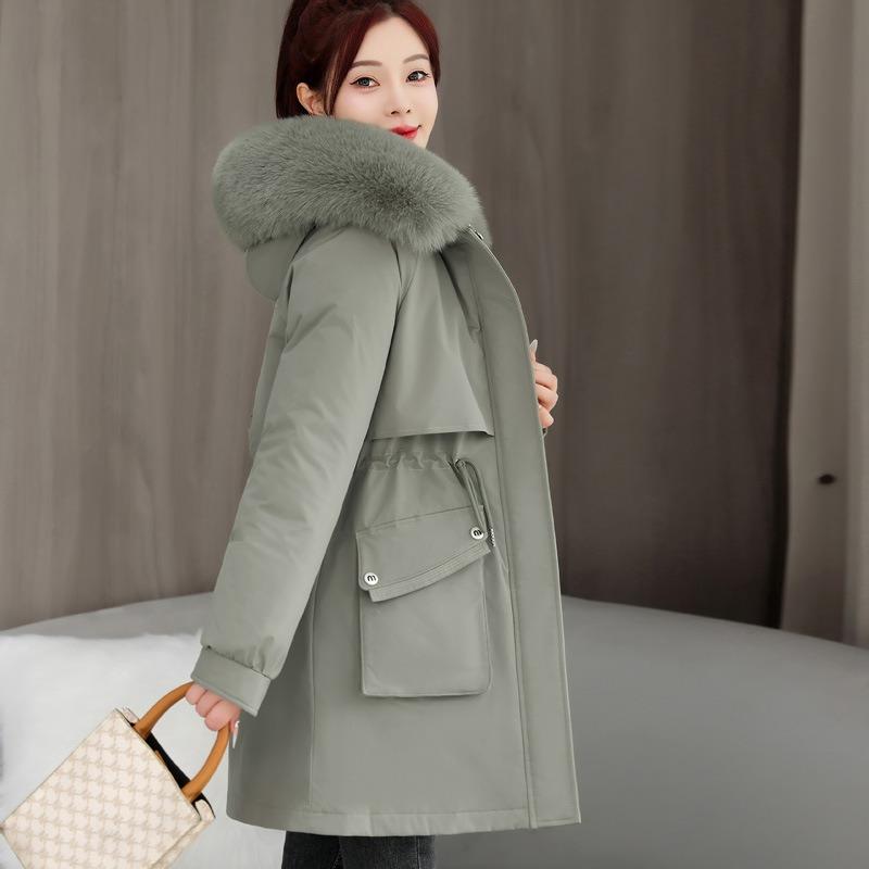 Winter Girl Medium and Long Pie Overcomes the New Big Fur Collar Padded Jacket, Hooded Warm Padded Jacket Thick