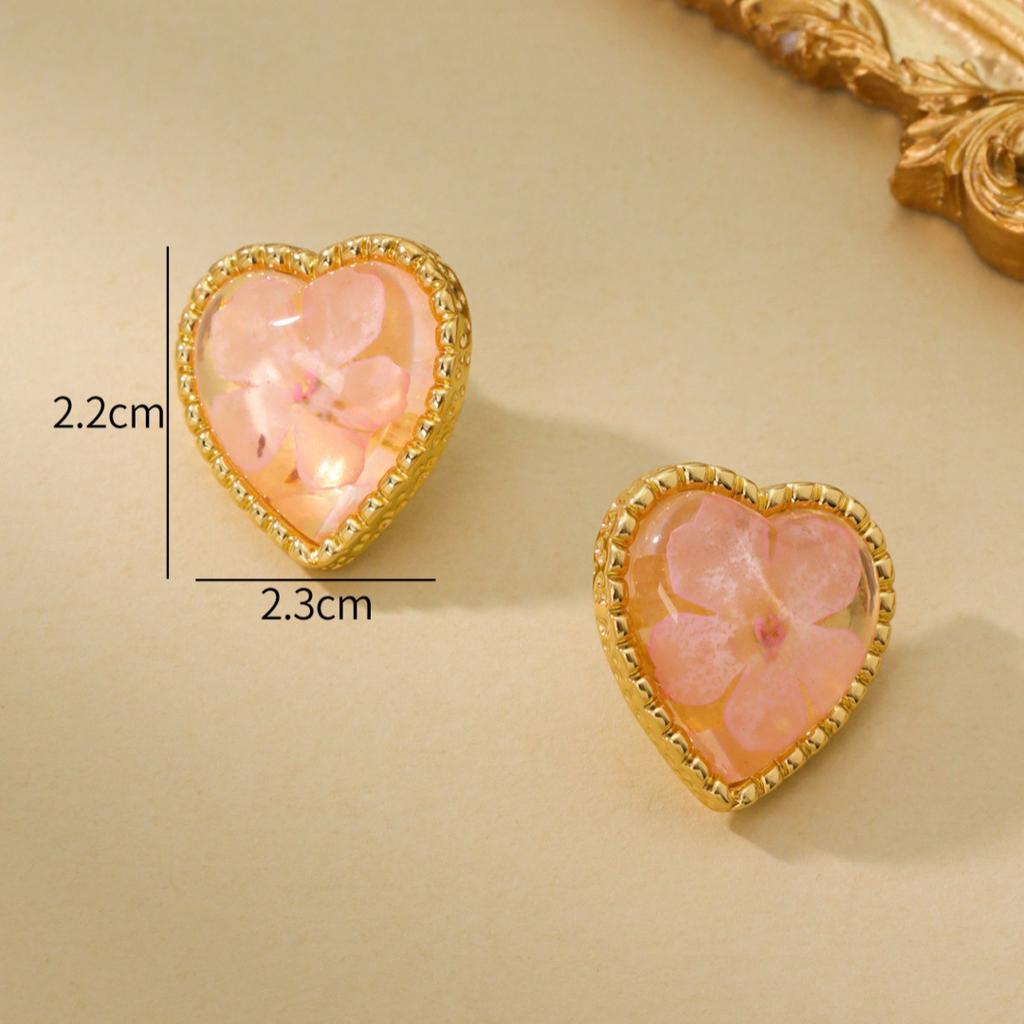 Pink Love Earrings Temperament Heart-Shaped Flower Stud Earrings Temperament Elegant Silver Needle