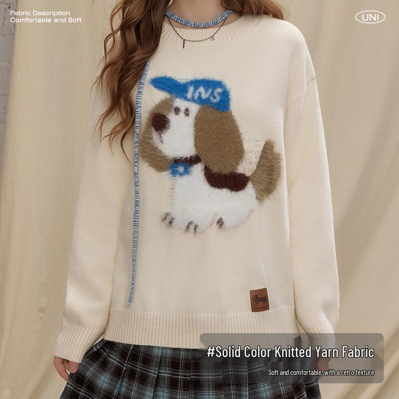 UNIFREE Korean Style Dog Pattern Round Neck Knit Sweater