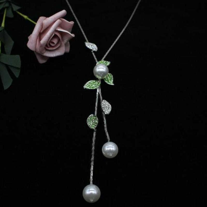 Women Sweater Chain Leaf Faux Pearl Rhinestone Decor Tassel Alloy Clothes Jewelry Dating