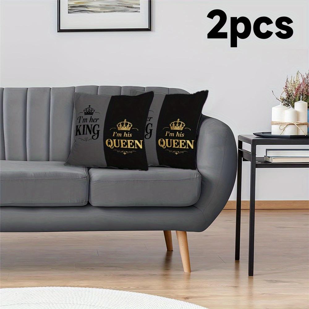 2Pcs Valentine'S Couple-Style Crown Text Polyester Pillowcase, 2D Printed, Festival-Ready, Decor For Sofa/Bed/Living Room