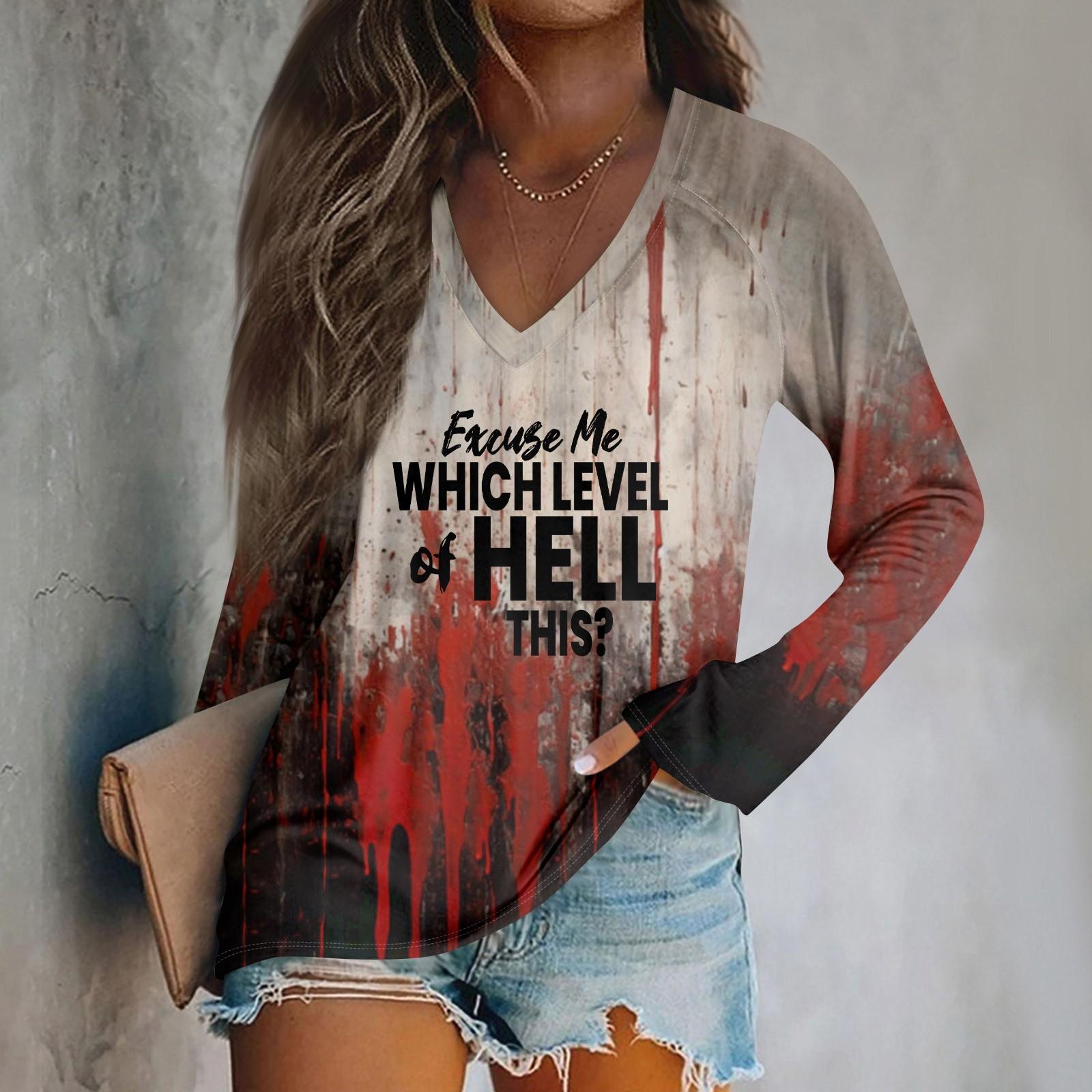 

Женский модный повседневный топ с длинным рукавом и принтом на Хэллоуин с V-образным вырезом XL чёрный