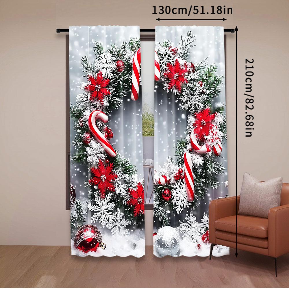 2Pcs Christmas Holiday Theme Curtain Decoration For Christmas New Year Snowy Candy Cane Design Aesthetic Window Drapes A