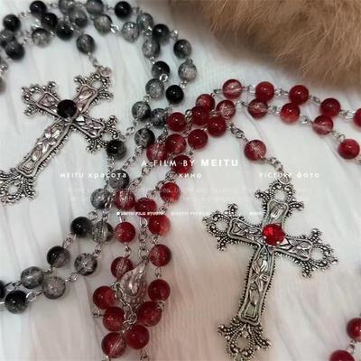 Gotische Dunkelrote Kreuz Rosenkranz Halskette - Punk Hip Hop Schlüsselbein Kette