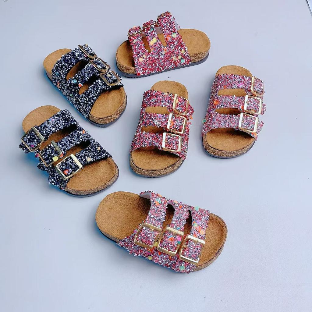 Summer Bling Children's Slippers PU Buckle Cork Slippers For Child Girls Anti Slip Flat Outdoor Kids Fashion Shoes