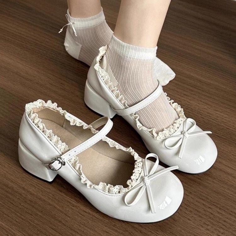 High-end bow temperament ballet small leather shoes women's new autumn lace edge heightening Mary Jane shoes tide