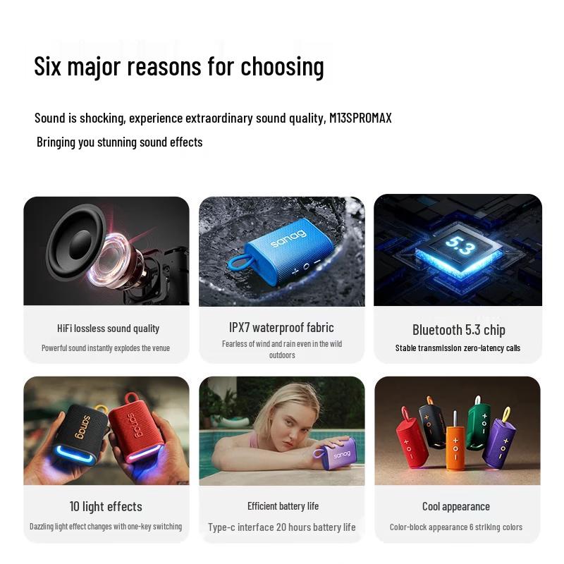 Saina M13SProMax Portable Bluetooth Speaker with Enhanced Bass CN plug (adapter included)