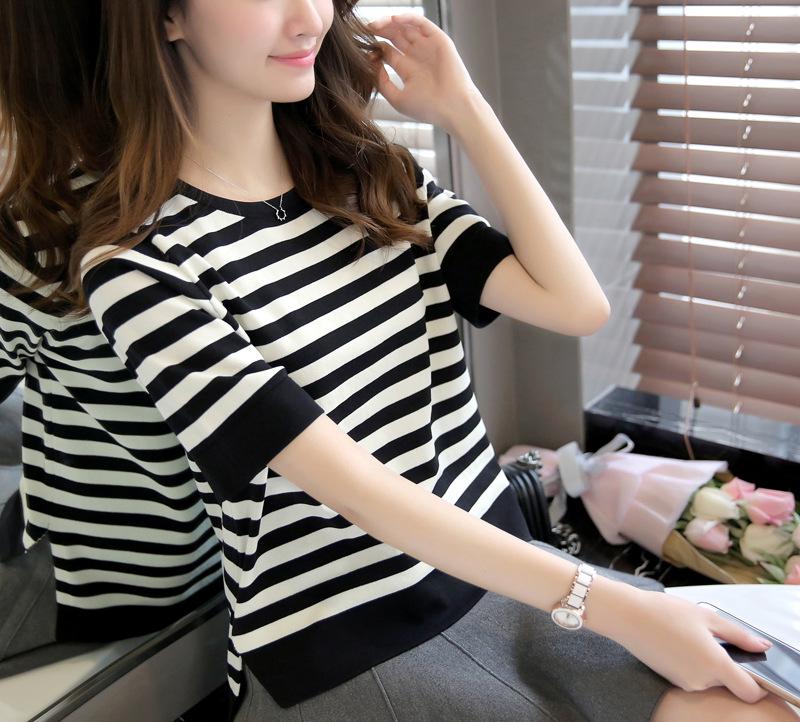 

Готовый сток: Корейский стиль плюс размер полосатый топ с цветными блоками с короткими рукавами для женщин 3XL