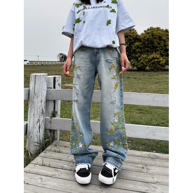 JYL Unisex Wide-Leg Jeans American Floral Embroidered Ripped Summer Trendy Denim Pants 2XL