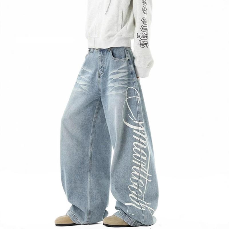 Vintage Washed Distressed Printed Jeans Men Women Loose Wide Leg Dropped Streetwear