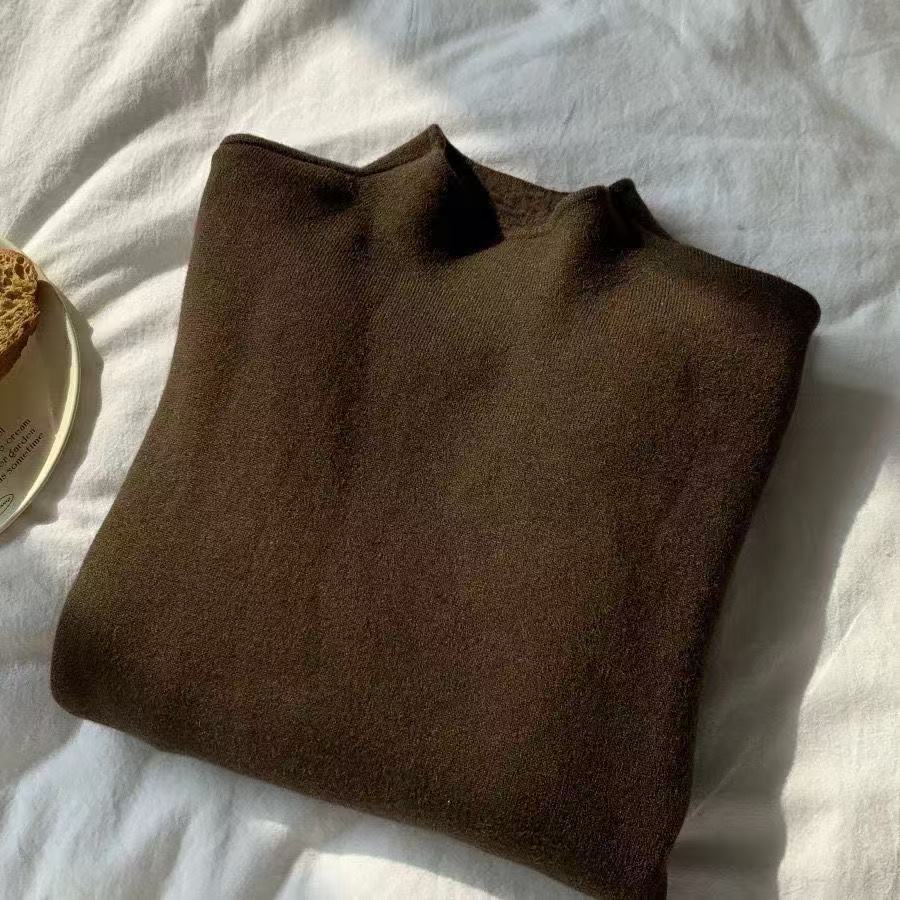 White Knitted Fleece Lined Half High Collar Sweater Women's Fashion Autumn Winter Inner Wear Base Shirt Integrated Fleece Top