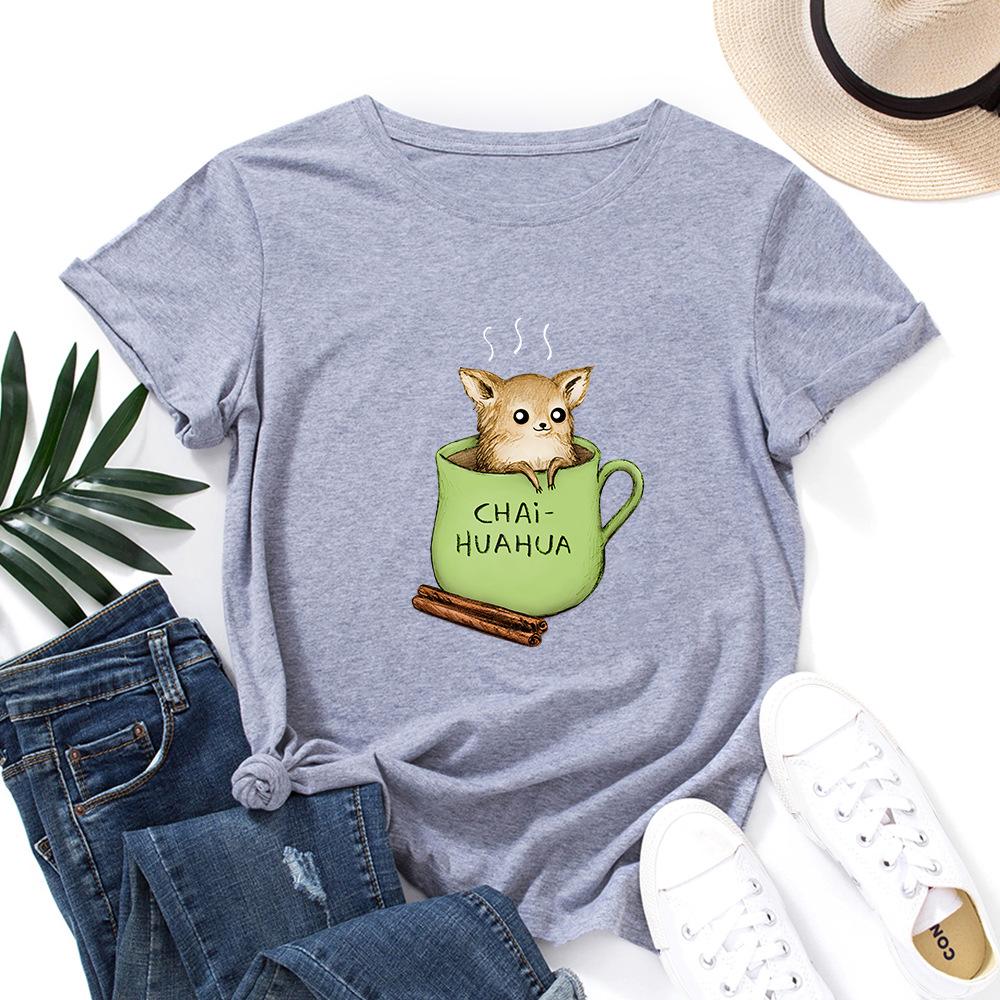 Summer Round Neck Cute Dog and Tea Cup Design Printed T-shirtsFashionable Casual Pure Cotton Short Sleeved Women's T-shirts