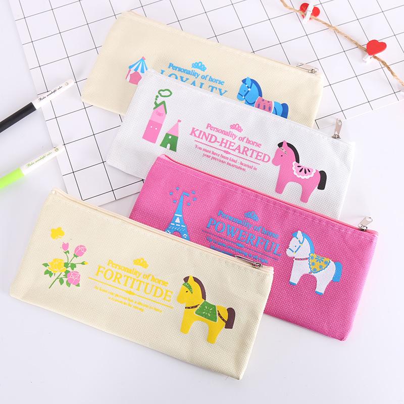 Cartoon Horse Printed Canvas Pencil Bag Korean Pencil Case Large Capacity Storage Bags Student Stationery Pouch School Supplies