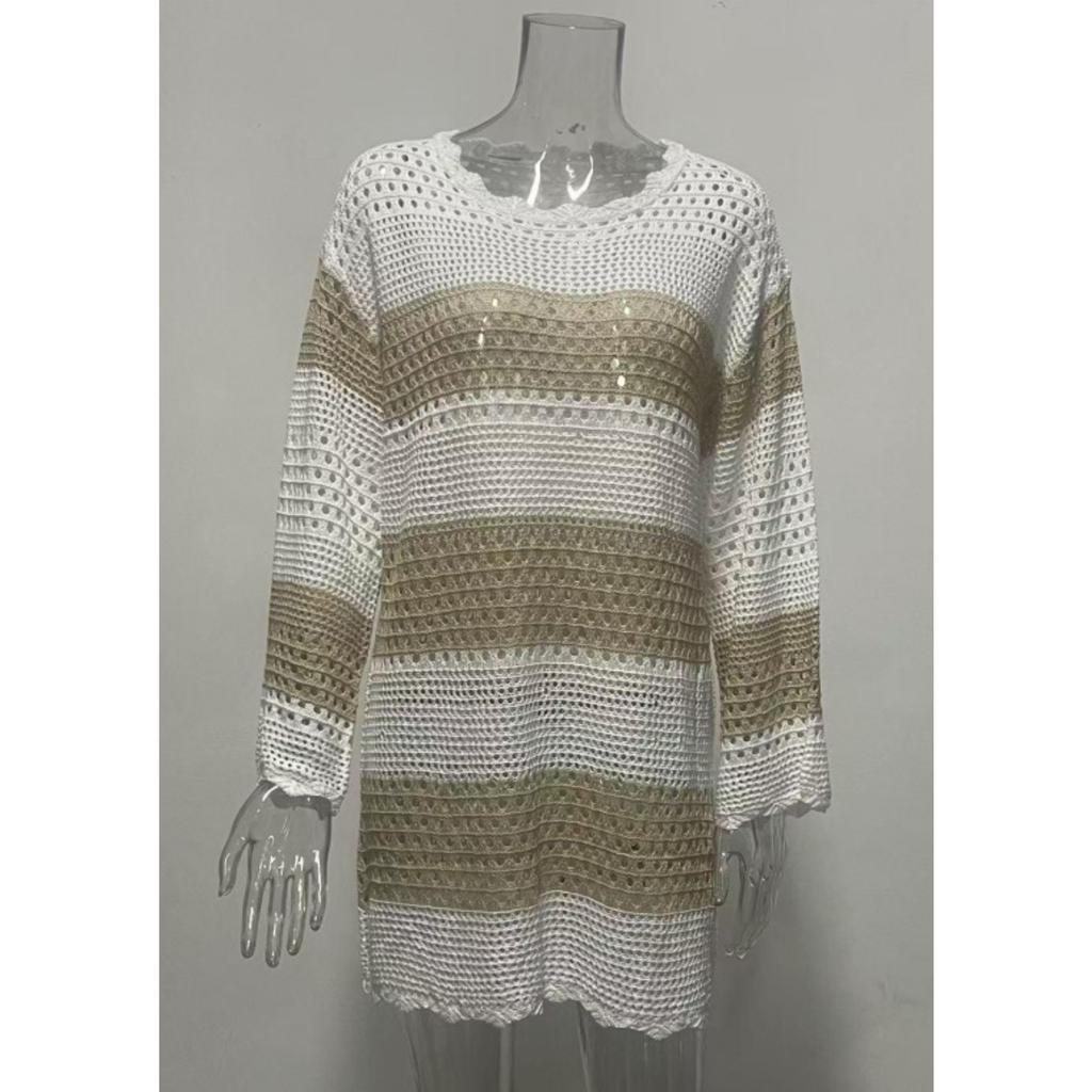Women's Crew Neck Long Sleeve Crochet Knit Loose Fit Tunic Beach Cover Up For Swimwear Summer Vacation