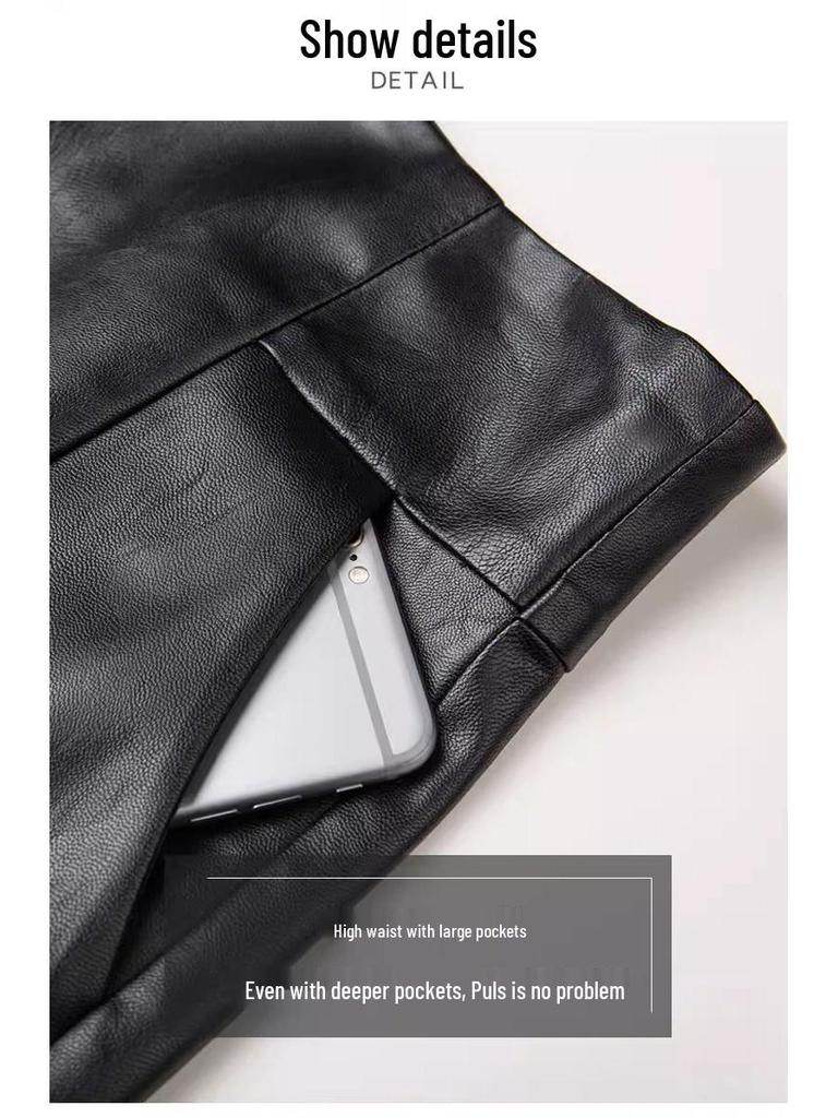 Women's 2025 High-Waisted Black PU Leather A-Line Bootcut Shorts - Slimming and Stylish for Spring, Autumn, and Winter.