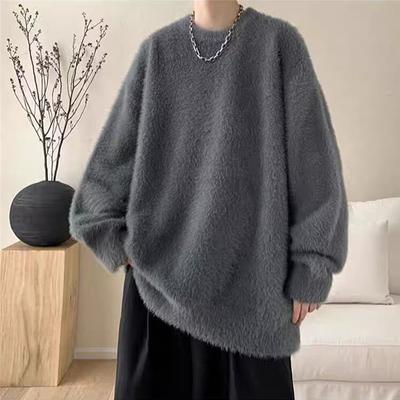 Winter American Streetwear Knitted Pullovers for Man Casual Solid Color Baggy Sweaters Y2K Vintage Crewneck Knitwear