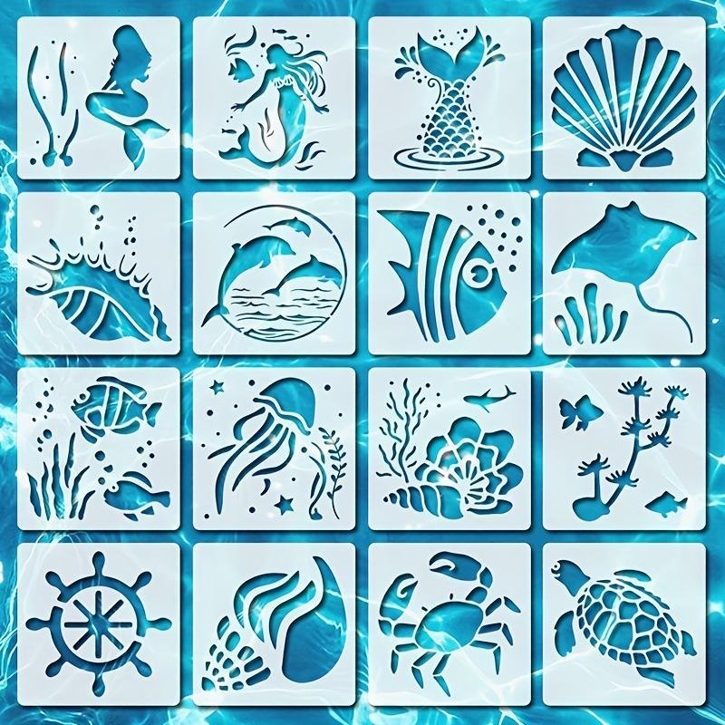 16Pcs Reusable Diy Sea Ocean Creatures Stencils Mermaid Art Painting Templates For Wood Wall Fabric Rock