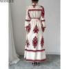 MODIQUE 2025 Spring New Women's Elegant Print Lapel Elastic Waist Belt Long Dress Ladies Casual A-Line Long Sleeve Dress