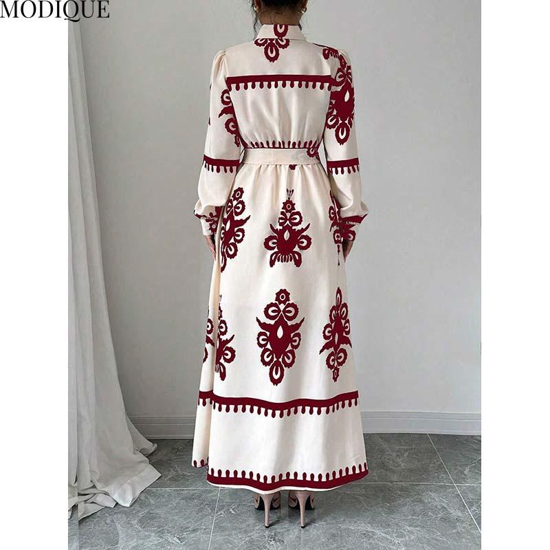 MODIQUE 2025 Spring New Women's Elegant Print Lapel Elastic Waist Belt Long Dress Ladies Casual A-Line Long Sleeve Dress