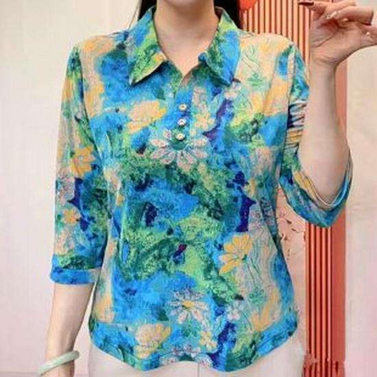Mom s Stylish Spring/Summer Printed Lapel Seven-Sleeve T-Shirt 4XL (Recommended 130-145 kg) синий