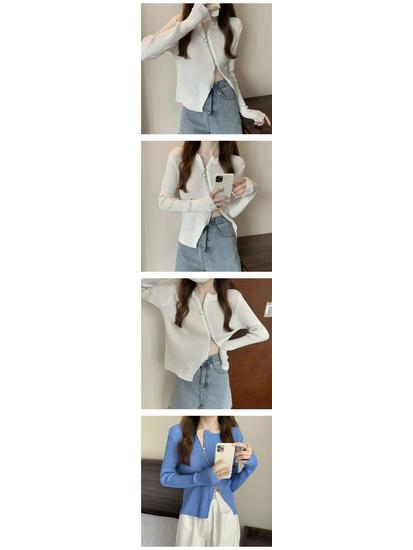 2025 Spring & Fall Women's Slim Fit Zipper Cardigan - Long Sleeve, Irregular Knit Top