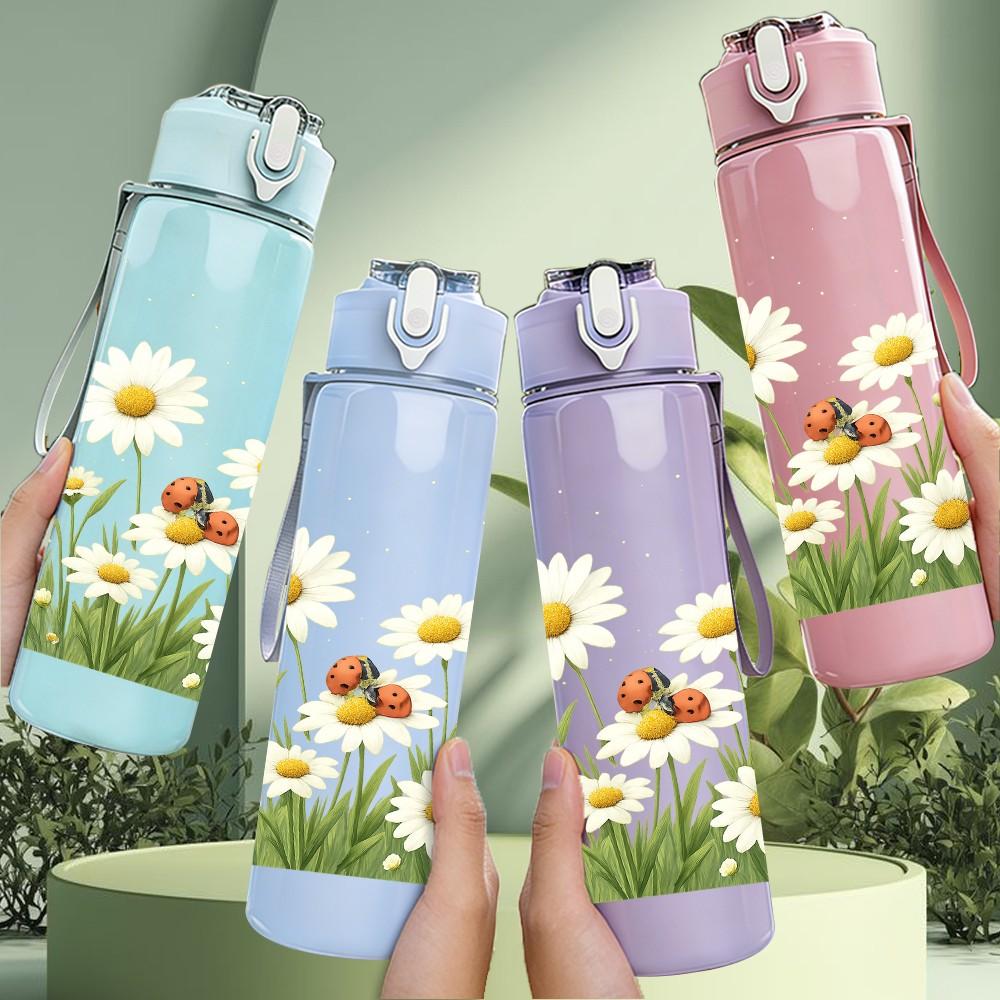 1 PZ Bottiglia Sportiva in Plastica da 750ml Campo di Fiori Selvatici e Erba Margherite Tappo Flip-Straw Ermetico Adatta per Sport Ufficio Uso Domestico