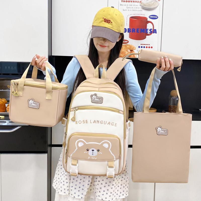 New Student Schoolbag Cute Cartoon Backpack Simple Lightweight Large Capacity Backpack Four-piece Set for Primary and Secondary Schools