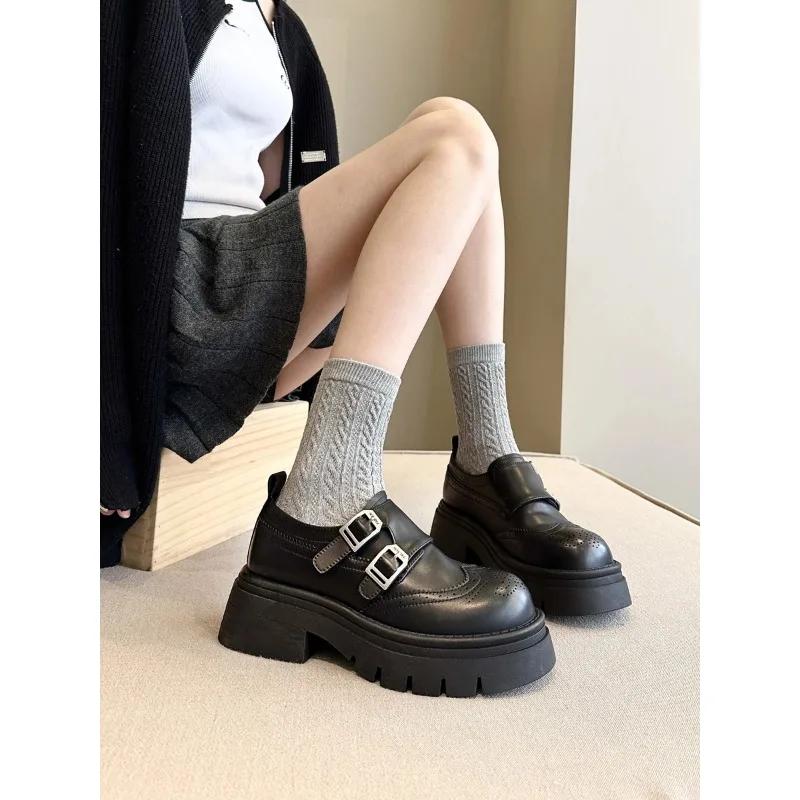 Fashion Women's Thick Heel Flats British Style 2024 Spring Autumn New Loafers Versatile Short Women Heightening JK Single Shoes
