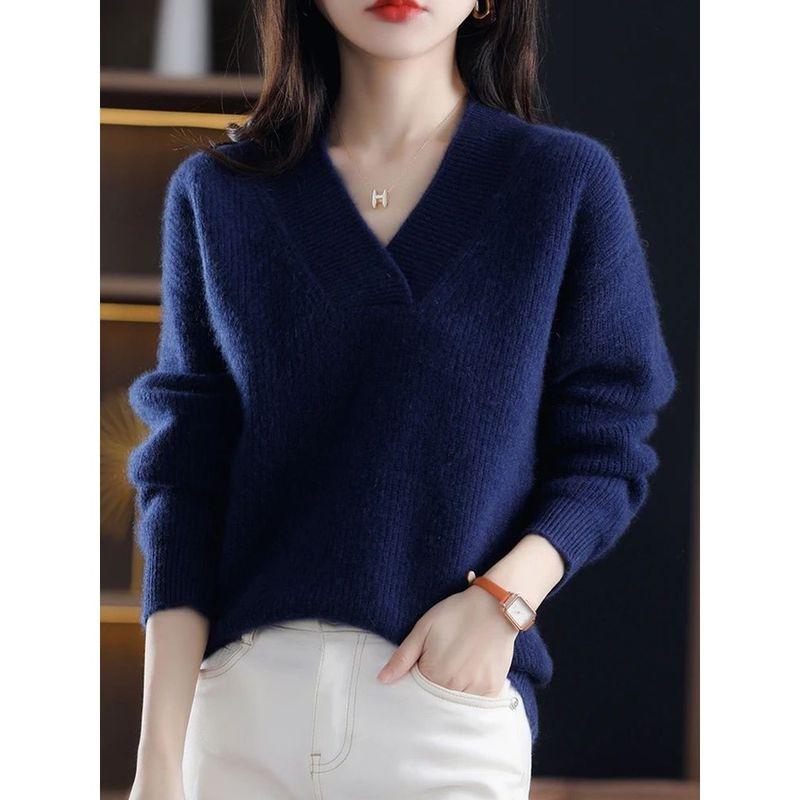 V-neck Long Sleeve Loose Knit Sweater V Neck Long Sleeves Pure Color Loose Knitwear