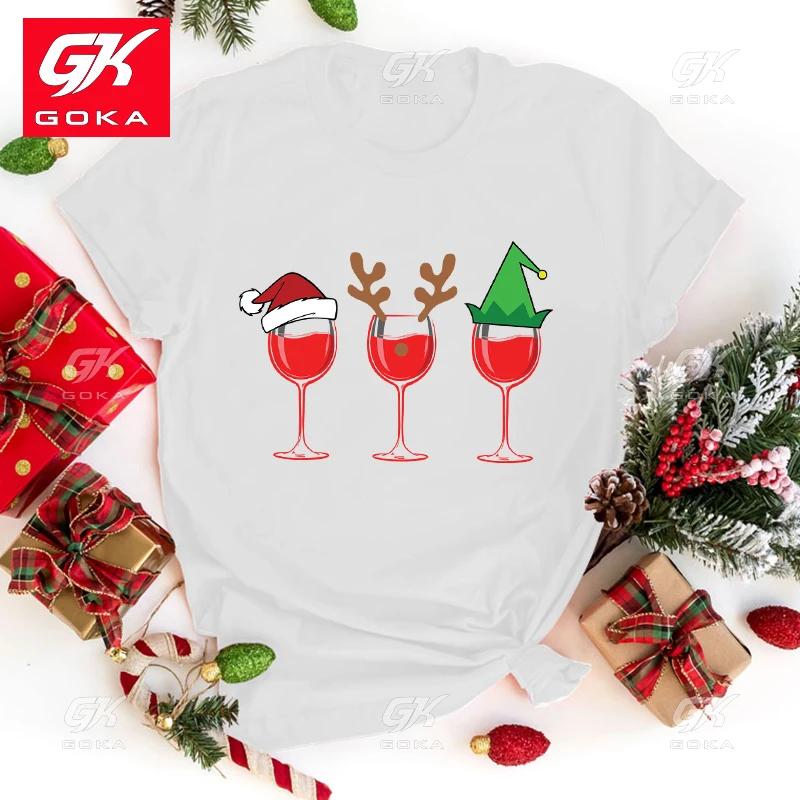 

Women FashionT Shirts Christmas Wine Glass Letter Print Cotton T Shirt Unisex Short Sleeve Graphic Casual Cool Hip Hop Tops Tees S