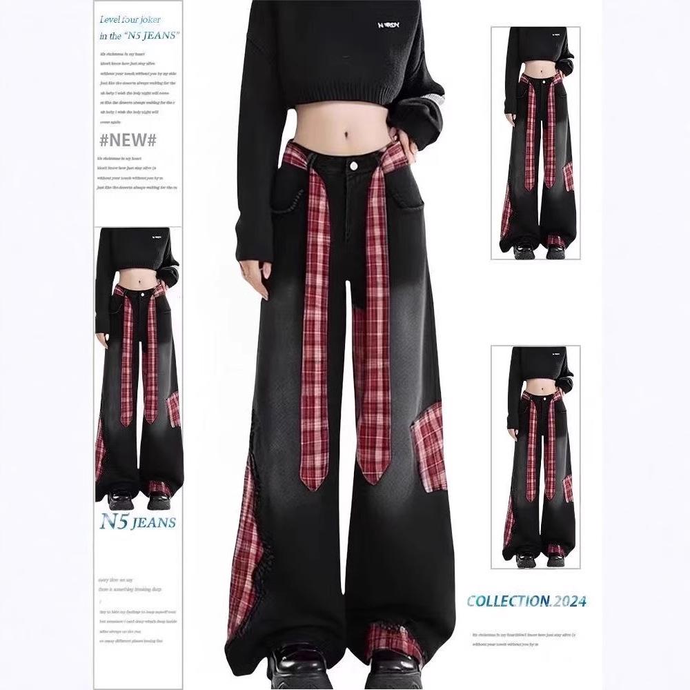 Women's Red Plaid High Waist Wide Leg Jeans - Patchwork Loose and Floor-Length Style