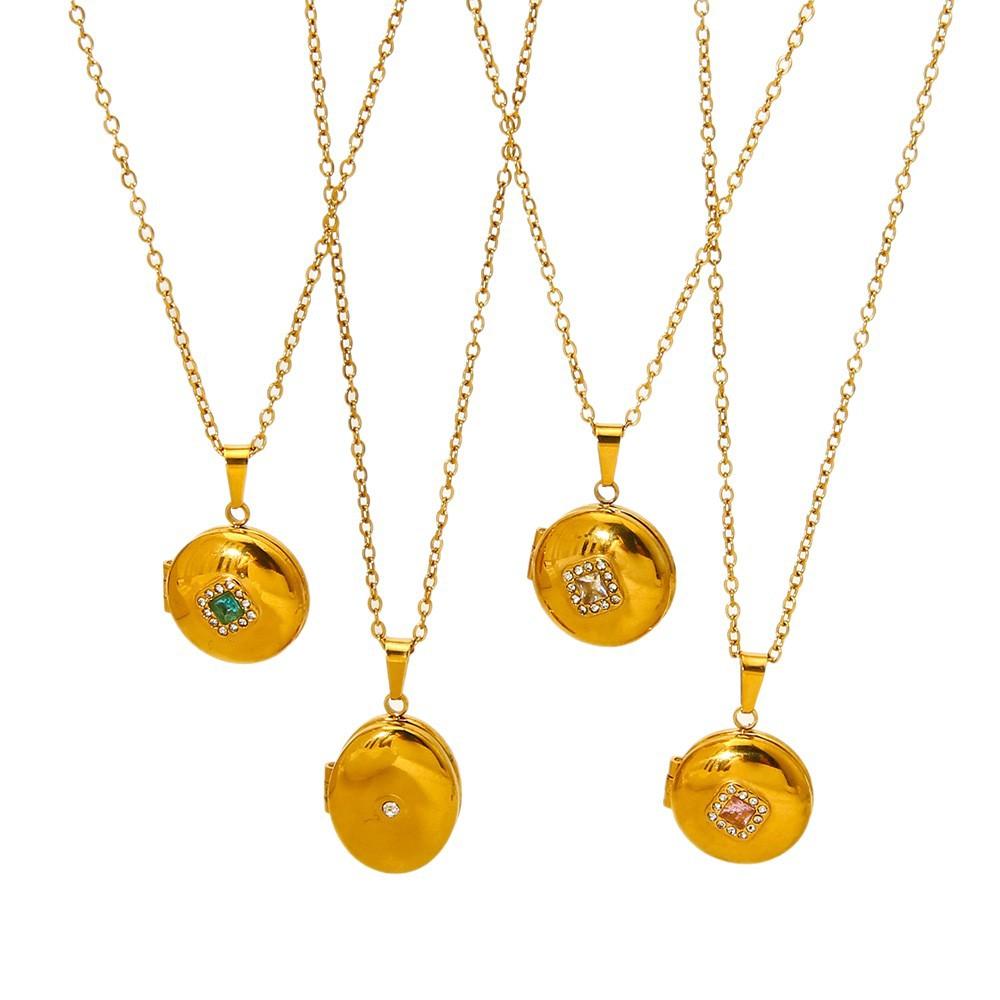 ins Popular Stainless Steel Magnetic Elliptical Zircon Phase Box Pendant Necklace Plated 18K Gold Geometric Jewelry Women