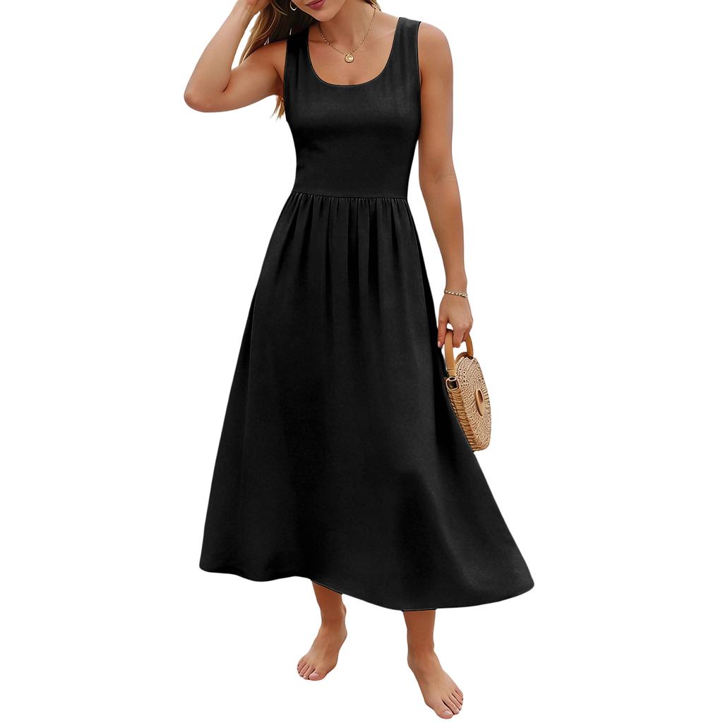 Ärmelloses Langes Freizeitkleid für Damen Sommer Einfarbig Einfach Entspannte Passform Maxikleid für den Alltag Urlaub Büro