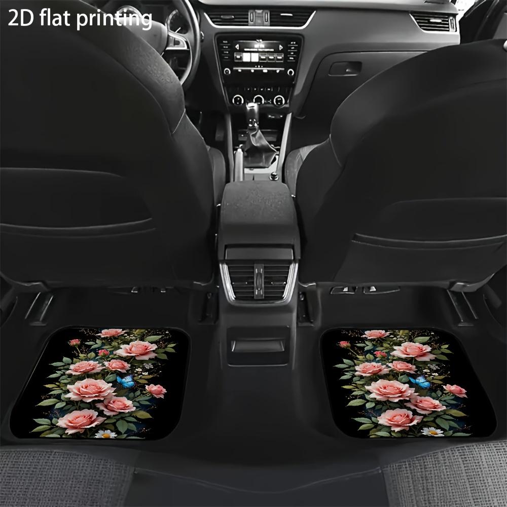 4pcs Car Floor Mats, Pink Rose Butterfly Floral Pattern, Material, Universal Fit, All-Season Use, Car Decoration Accessories, Ca