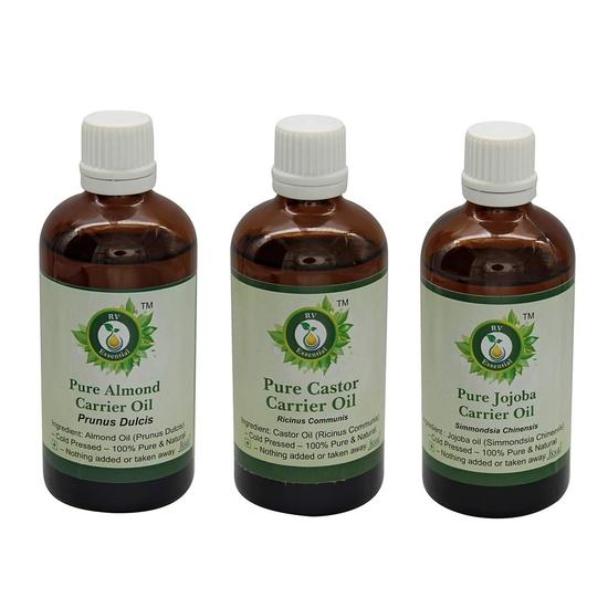 R V Essential 100% Pure & Natural Cold PressedAlmond (50ml) With Castor (50ml) and Jojoba (50ml) Carrier Oil